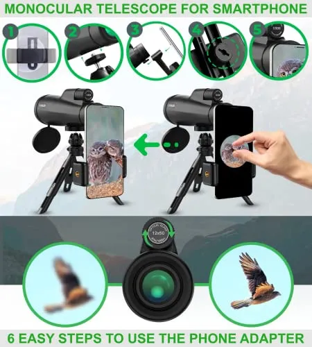 12x56 Monocular Telescope with Smartphone Adapter and Upgraded Tripod, HD Handheld Telescope - High Powered Monocular Scope for Adults - Birdwatching - Gifts for Men Him Dad Husband Boyfriend (Black)