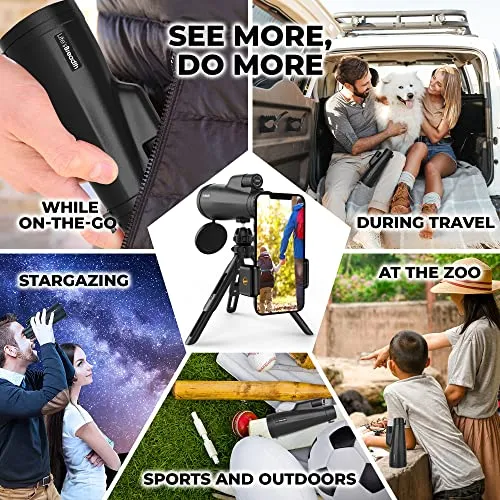 12x56 Monocular Telescope with Smartphone Adapter and Upgraded Tripod, HD Handheld Telescope - High Powered Monocular Scope for Adults - Birdwatching - Gifts for Men Him Dad Husband Boyfriend (Black)