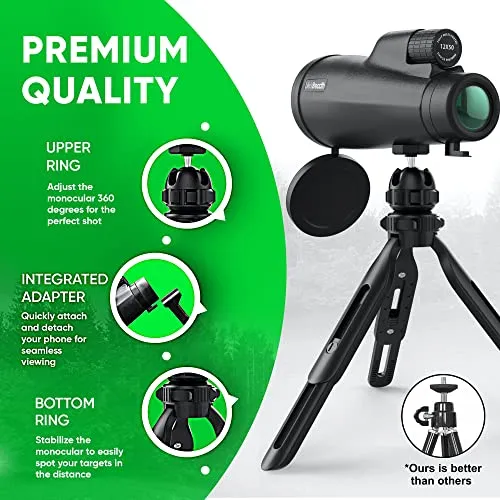 12x56 Monocular Telescope with Smartphone Adapter and Upgraded Tripod, HD Handheld Telescope - High Powered Monocular Scope for Adults - Birdwatching - Gifts for Men Him Dad Husband Boyfriend (Black)