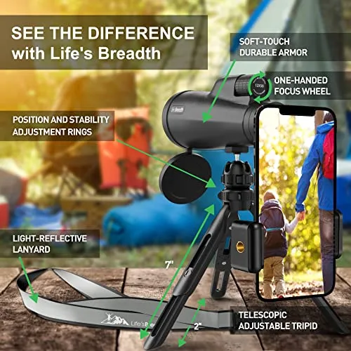 12x56 Monocular Telescope with Smartphone Adapter and Upgraded Tripod, HD Handheld Telescope - High Powered Monocular Scope for Adults - Birdwatching - Gifts for Men Him Dad Husband Boyfriend (Black)