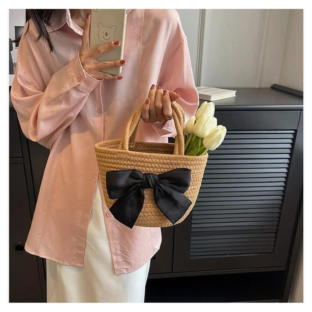 Bowknot Straw Beach Woven Handbag.