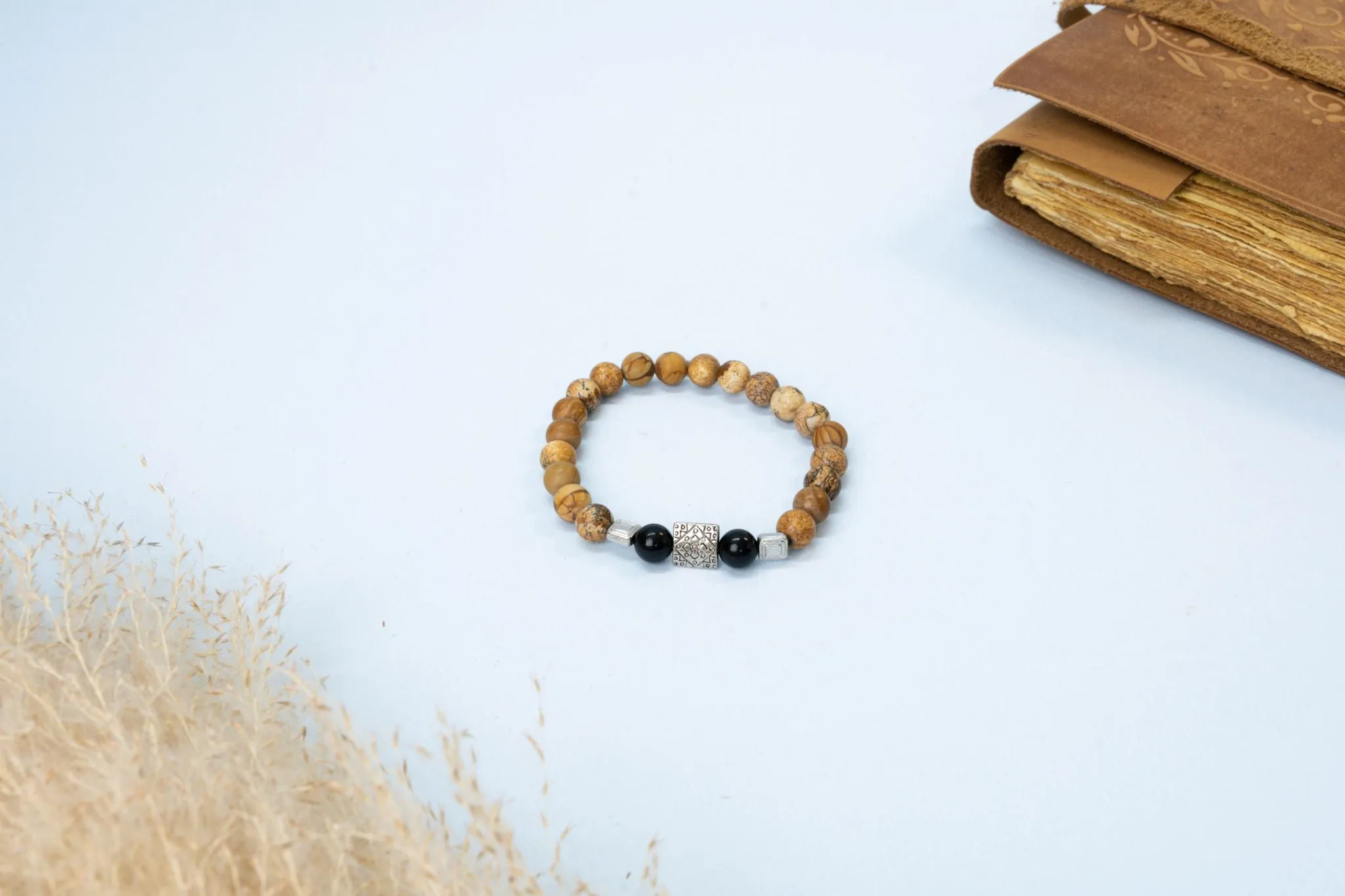 Camel Jasper & Black Tourmaline With Silver Charm