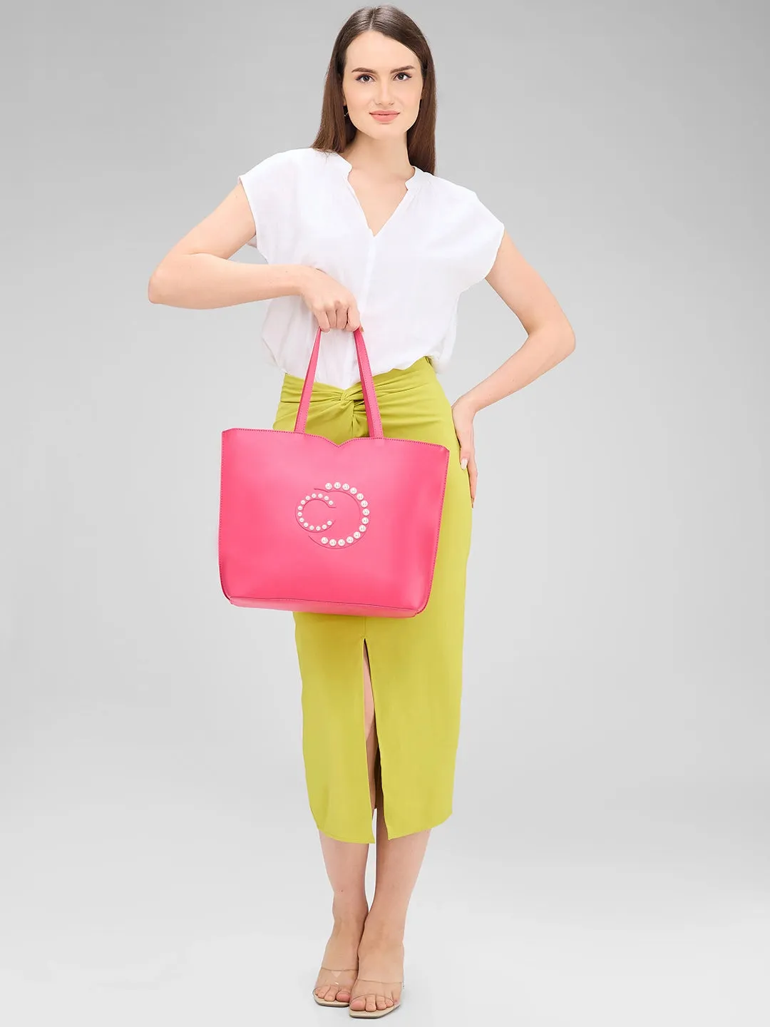 Caprese Pink Cloud Tote Medium Solid Women'S Office Handbag Pink
