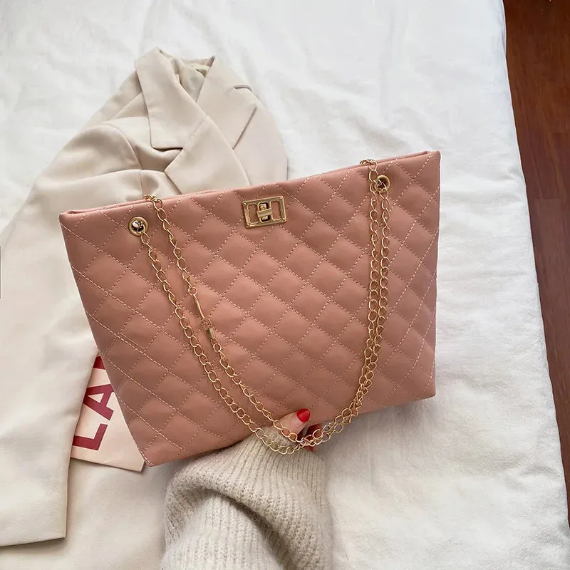Chic Diamond Lattice Tote Quilted Handbag