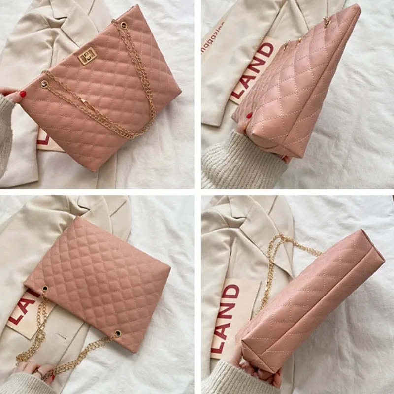 Chic Diamond Lattice Tote Quilted Handbag