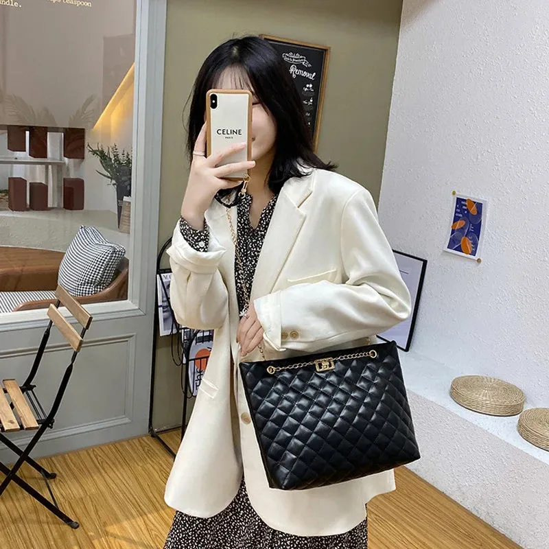 Chic Diamond Lattice Tote Quilted Handbag