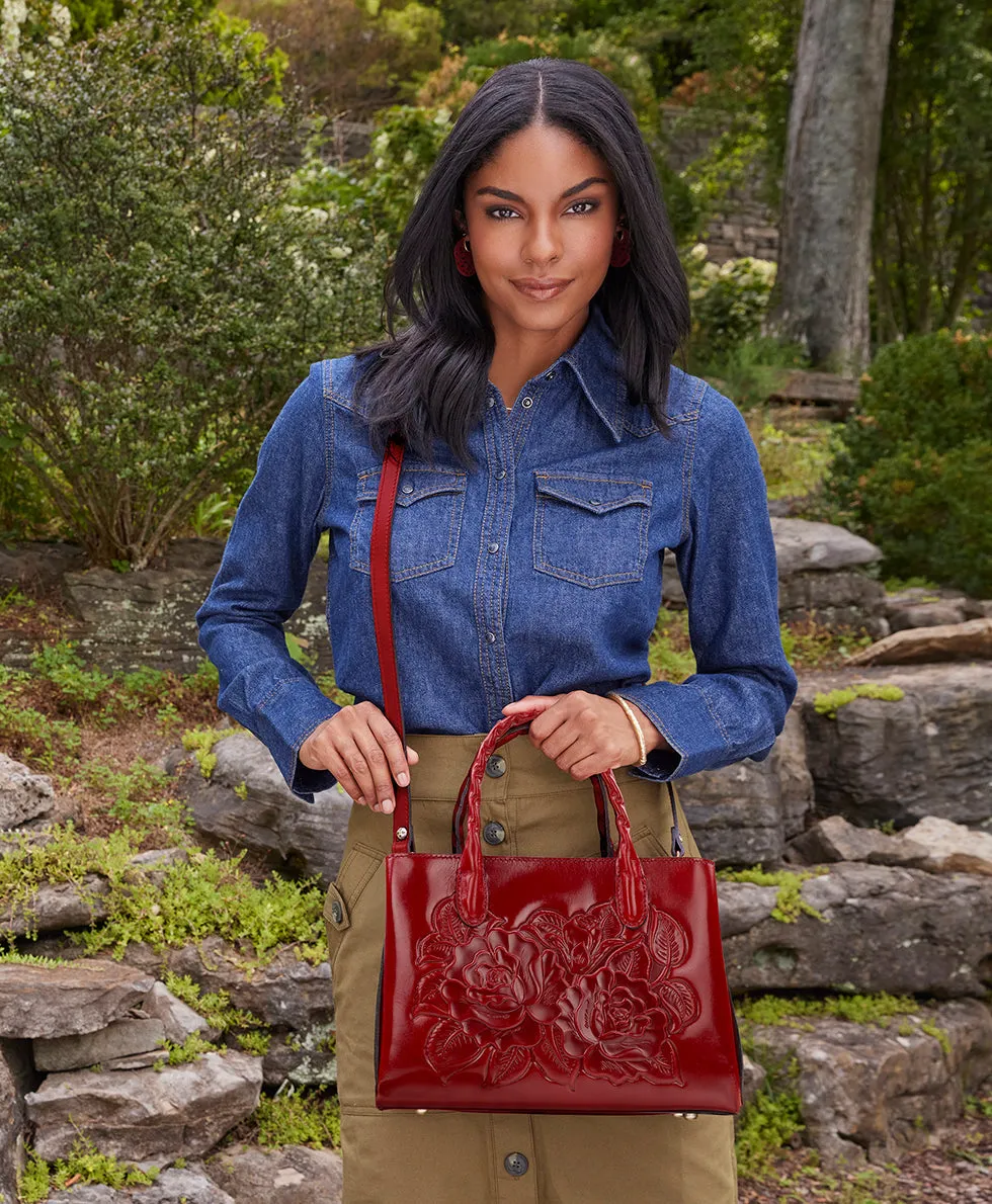 Genovese Top Handle Crossbody - Vintage Vegetable Tanned Rose Tooled — Ruby Red