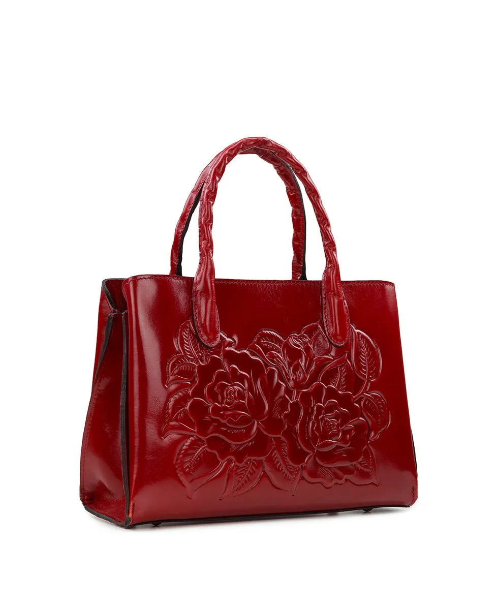 Genovese Top Handle Crossbody - Vintage Vegetable Tanned Rose Tooled — Ruby Red