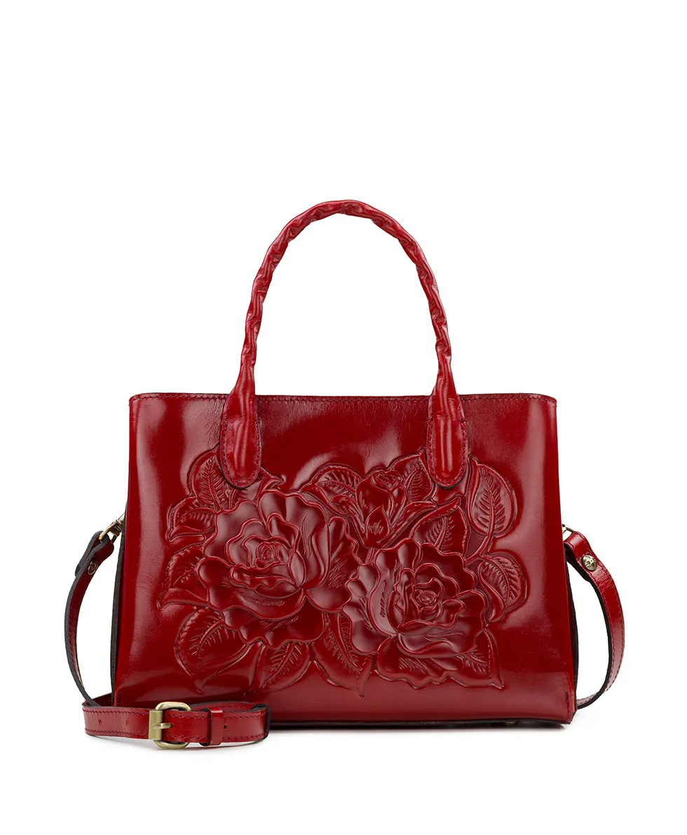 Genovese Top Handle Crossbody - Vintage Vegetable Tanned Rose Tooled — Ruby Red