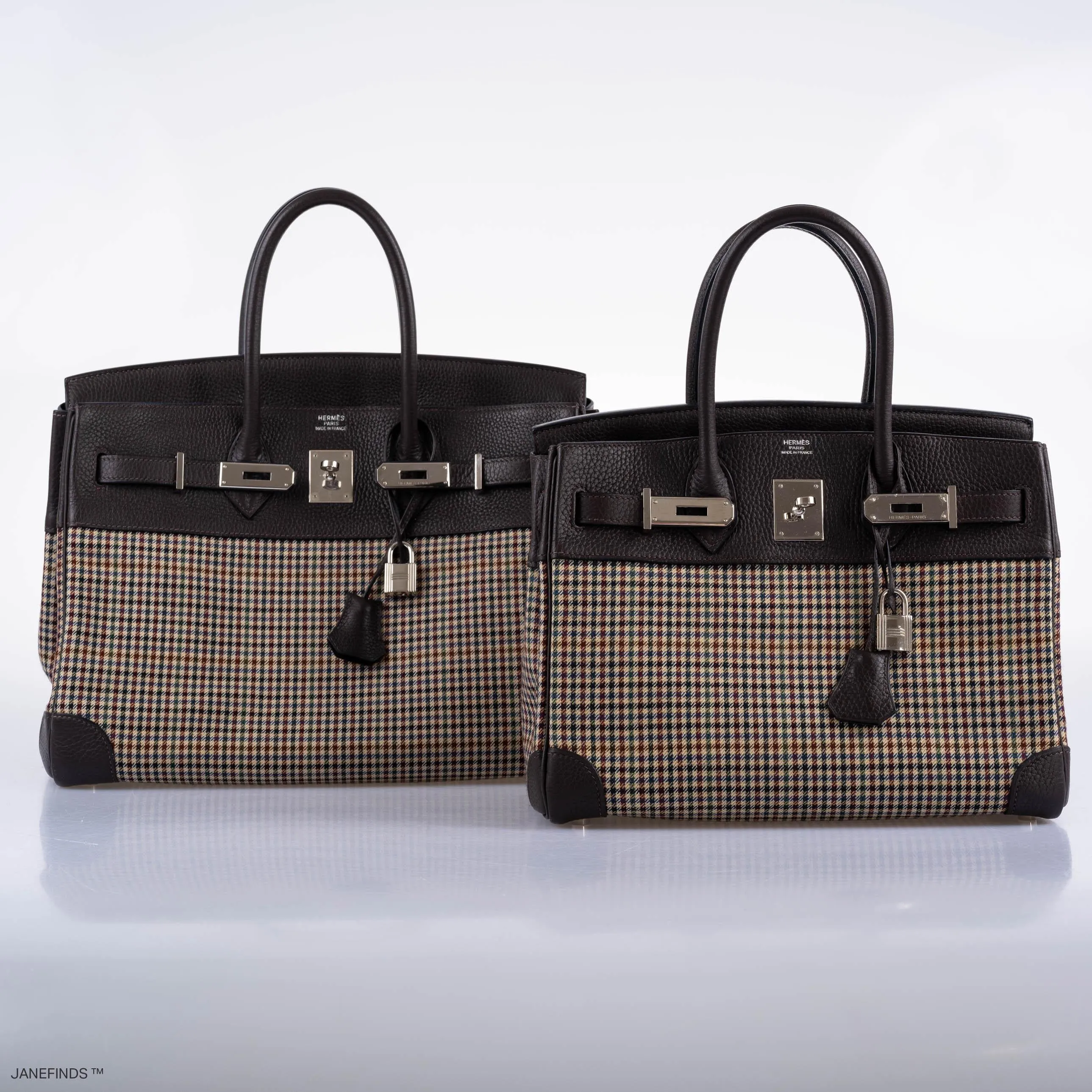 Hermès Lainage Birkin 30 Houndstooth Plaid Wool and Ebene Togo Palladium Hardware