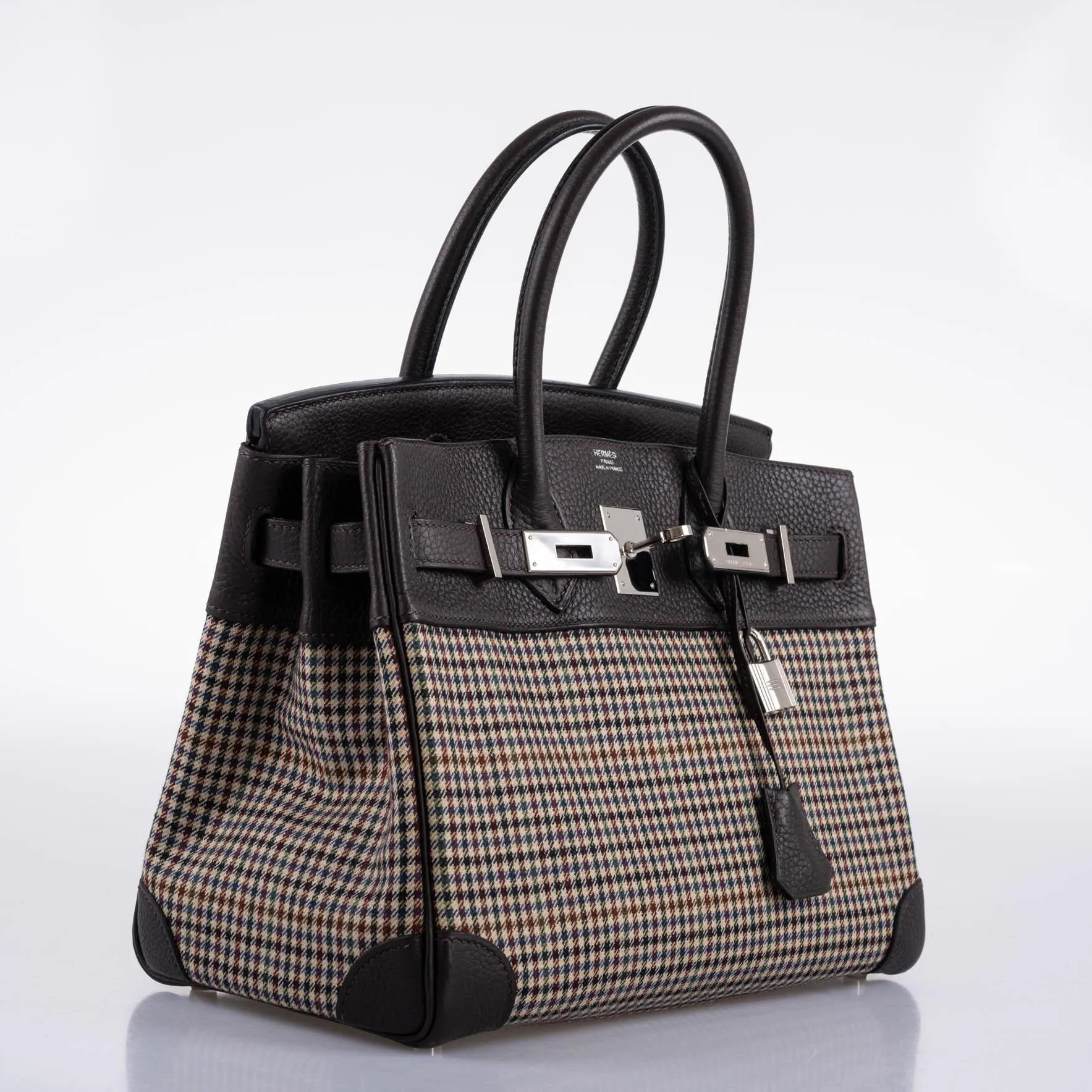 Hermès Lainage Birkin 30 Houndstooth Plaid Wool and Ebene Togo Palladium Hardware