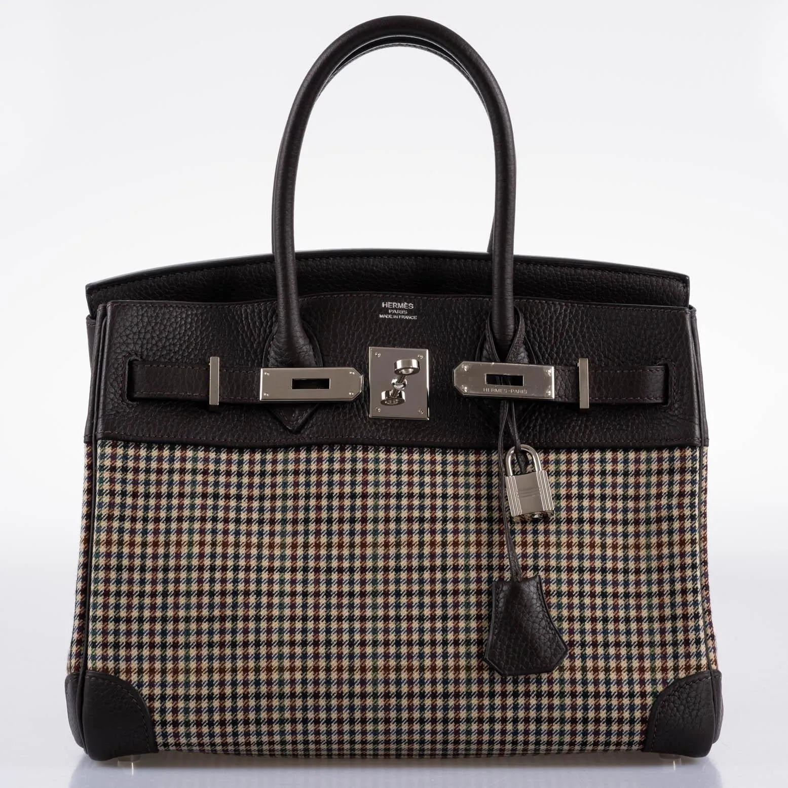 Hermès Lainage Birkin 30 Houndstooth Plaid Wool and Ebene Togo Palladium Hardware