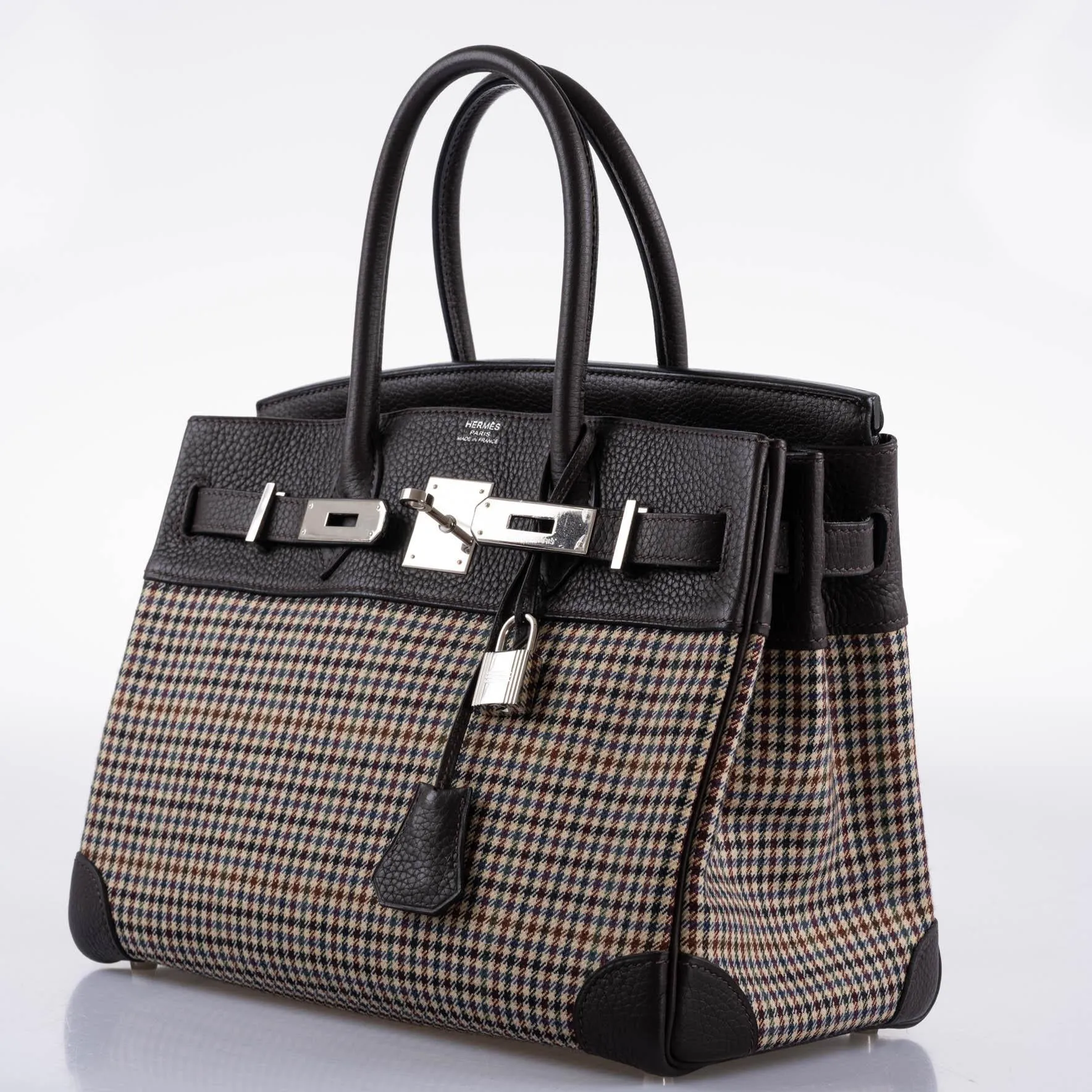 Hermès Lainage Birkin 30 Houndstooth Plaid Wool and Ebene Togo Palladium Hardware