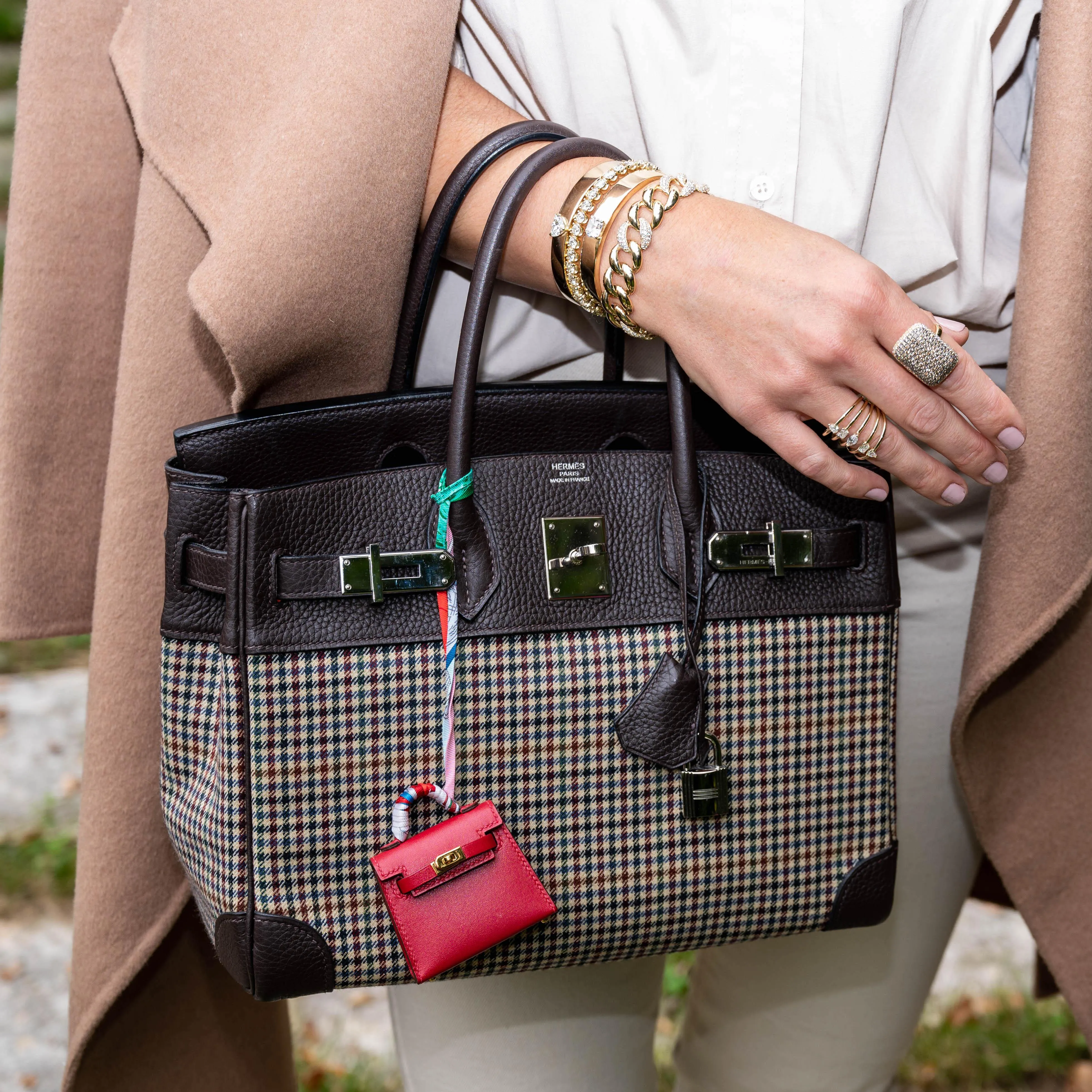 Hermès Lainage Birkin 30 Houndstooth Plaid Wool and Ebene Togo Palladium Hardware