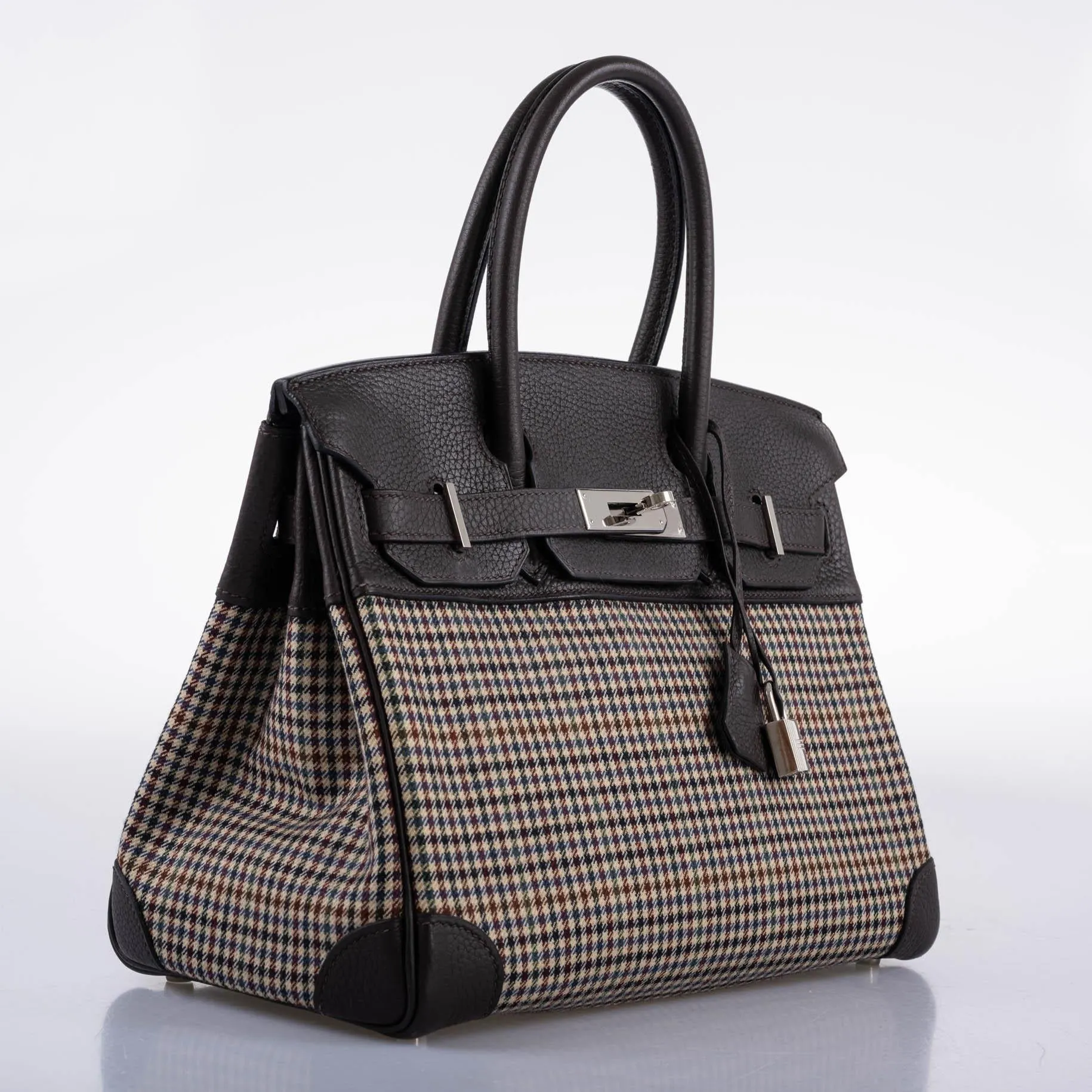 Hermès Lainage Birkin 30 Houndstooth Plaid Wool and Ebene Togo Palladium Hardware