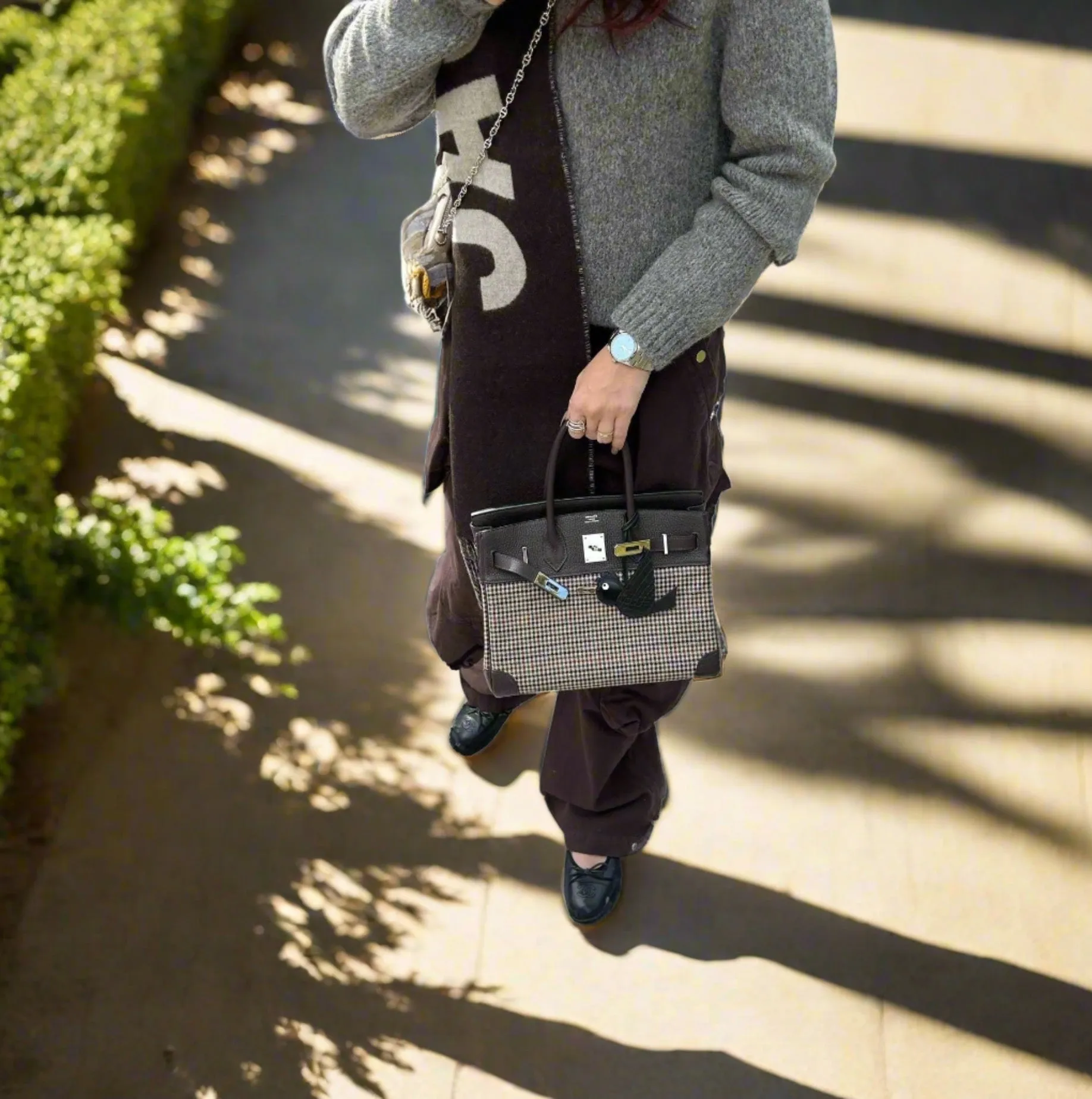 Hermès Lainage Birkin 30 Houndstooth Plaid Wool and Ebene Togo Palladium Hardware