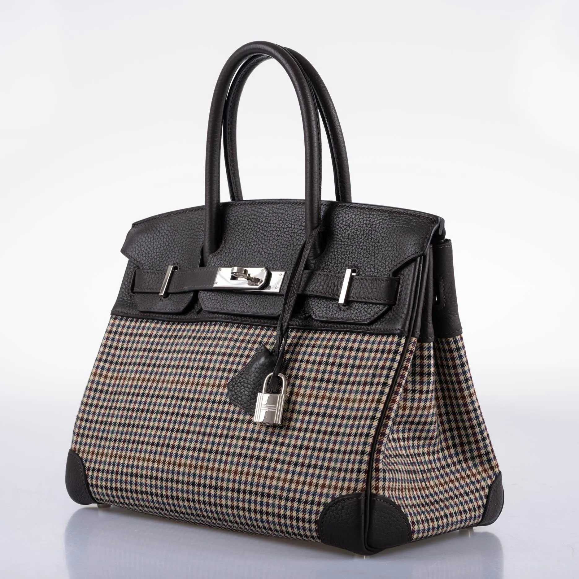 Hermès Lainage Birkin 30 Houndstooth Plaid Wool and Ebene Togo Palladium Hardware