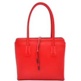 Leather Classic Tote Style Zip Opening Large Shoulder Bag CYNTHIA Red
