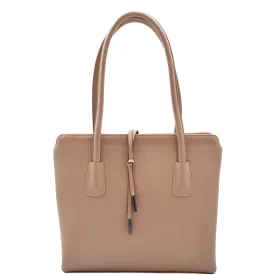 Leather Classic Tote Style Zip Opening Large Shoulder Bag CYNTHIA Taupe