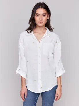 Linen Blend Tunic Blouse with Embroidered Hearts - Gold