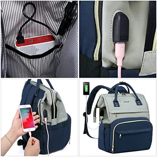 LOVEVOOK Laptop Backpack for Women Fashion Business Computer Backpacks Travel Bags Purse Doctor Nurse Work Backpack with USB Port, Fits 15.6-Inch Laptop Light Gray- Navy Blue