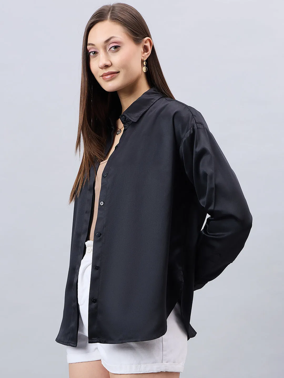 Style Quotient Women Solid Black Smart Casual Oversized Satin Shirt