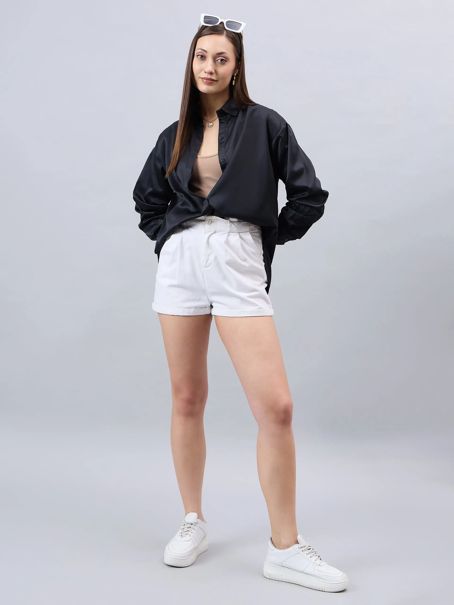 Style Quotient Women Solid Black Smart Casual Oversized Satin Shirt