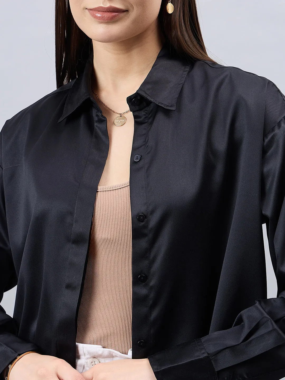 Style Quotient Women Solid Black Smart Casual Oversized Satin Shirt