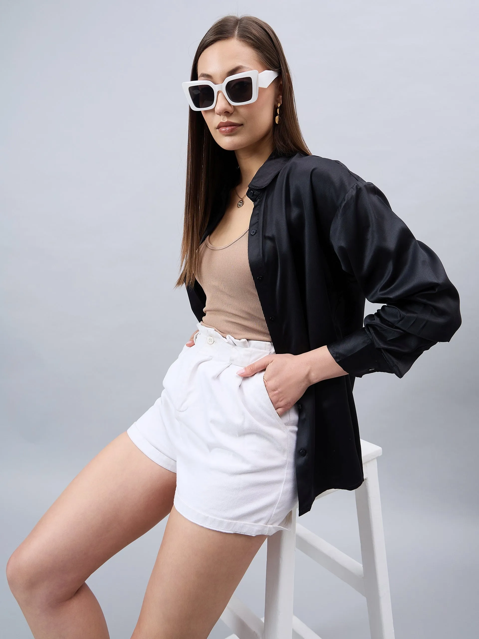 Style Quotient Women Solid Black Smart Casual Oversized Satin Shirt