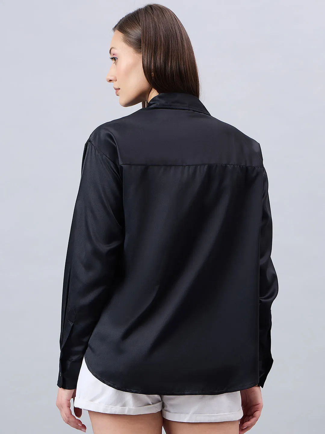 Style Quotient Women Solid Black Smart Casual Oversized Satin Shirt