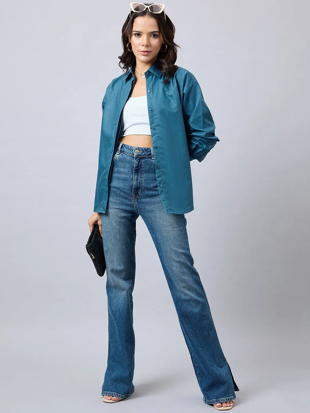 Style Quotient Women Solid Blue Smart Casual Oversized Polycotton Shirt