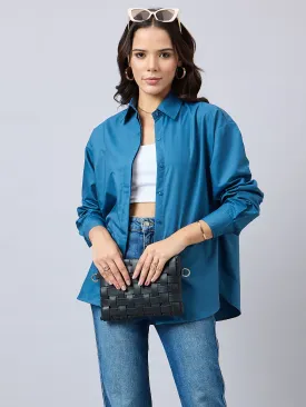 Style Quotient Women Solid Blue Smart Casual Oversized Polycotton Shirt