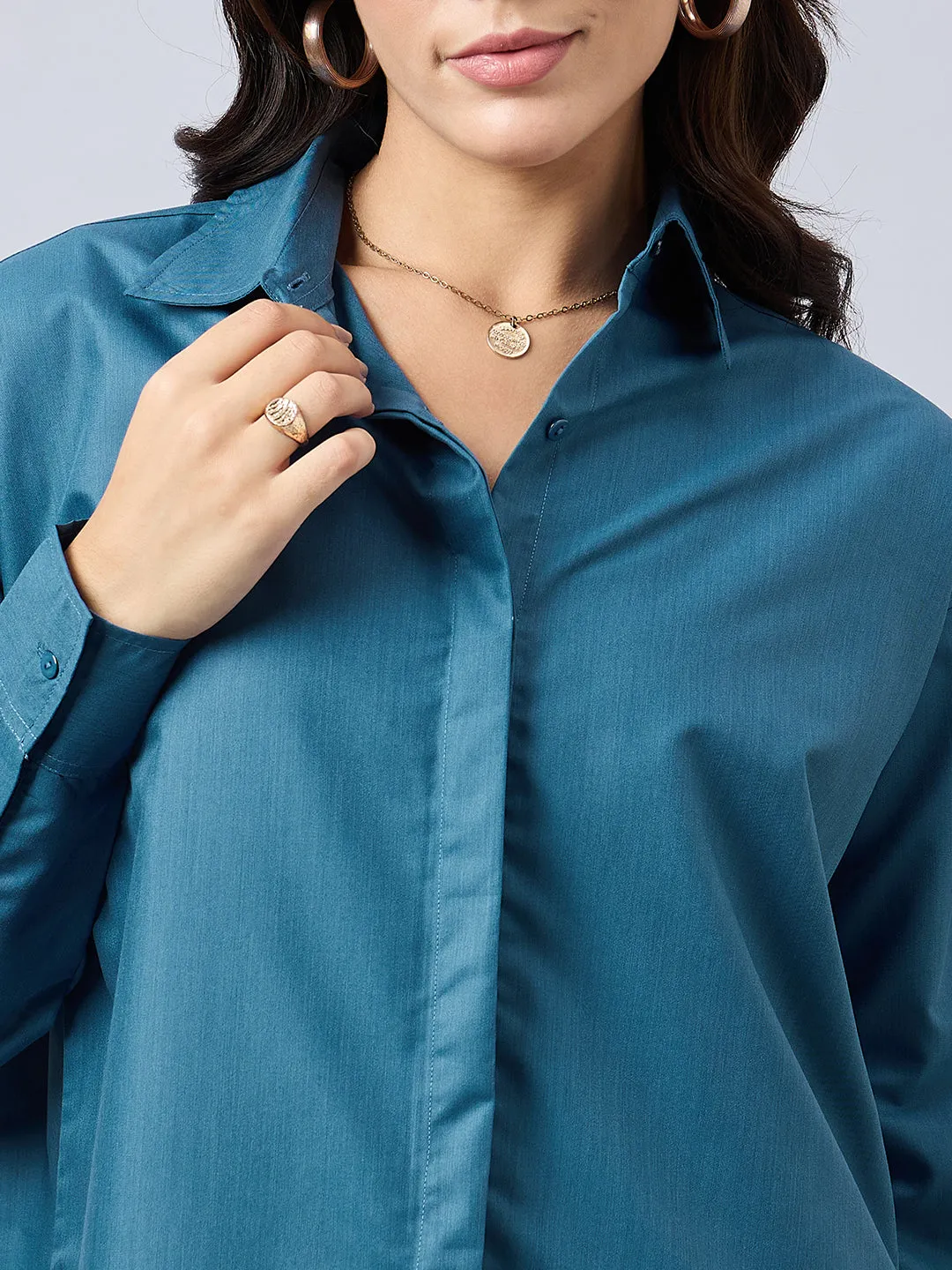 Style Quotient Women Solid Blue Smart Casual Oversized Polycotton Shirt