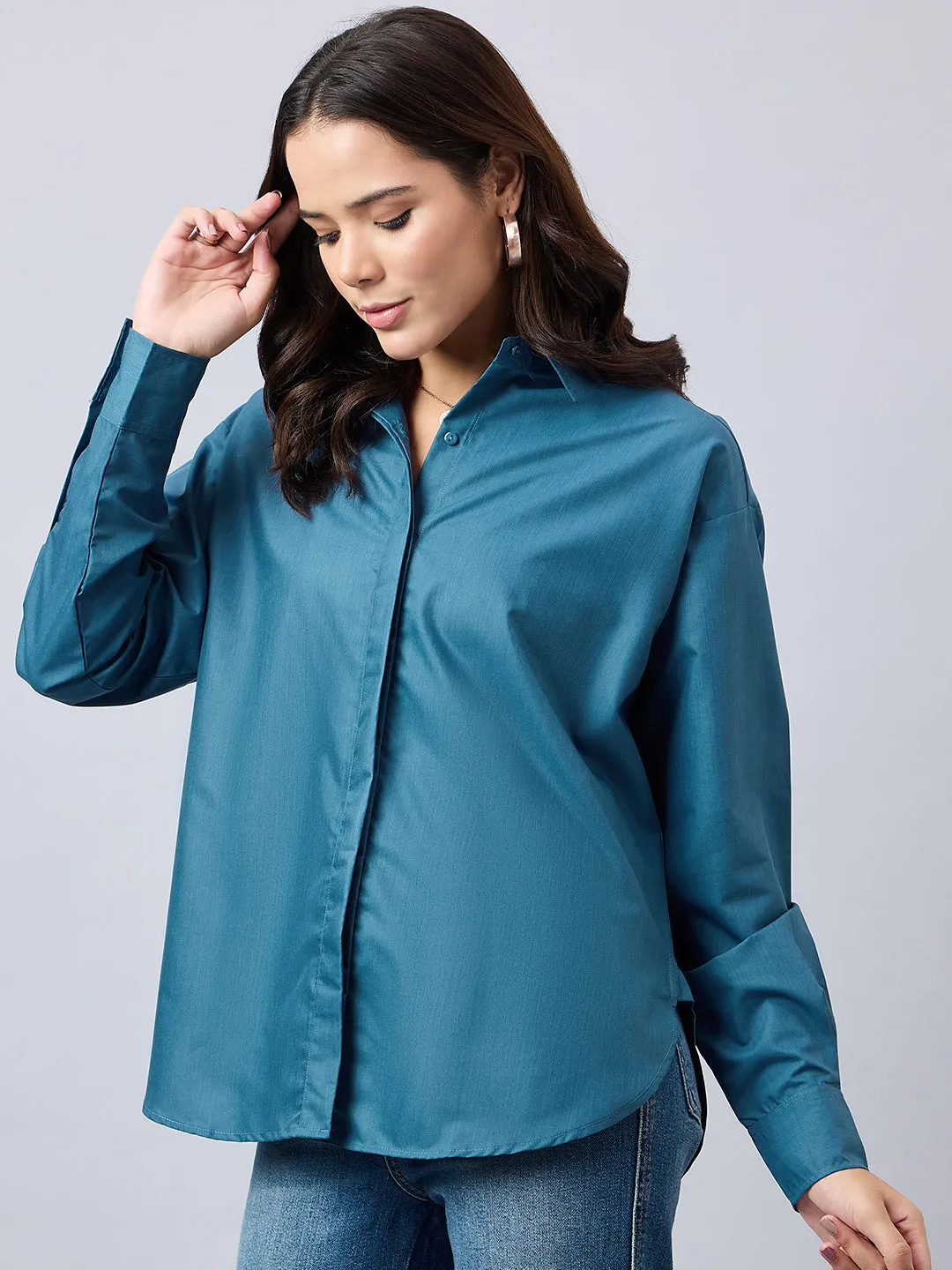 Style Quotient Women Solid Blue Smart Casual Oversized Polycotton Shirt