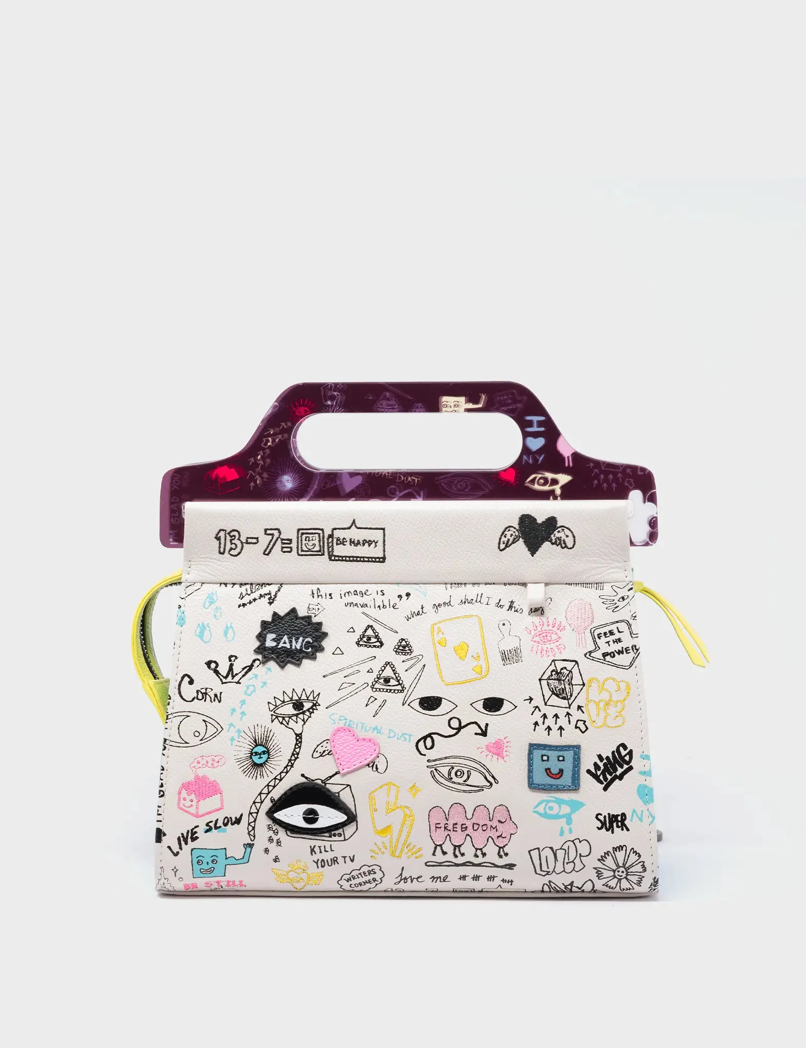 Vali Cream Leather Crossbody Handbag Plastic Handle - Urban Doodles Print
