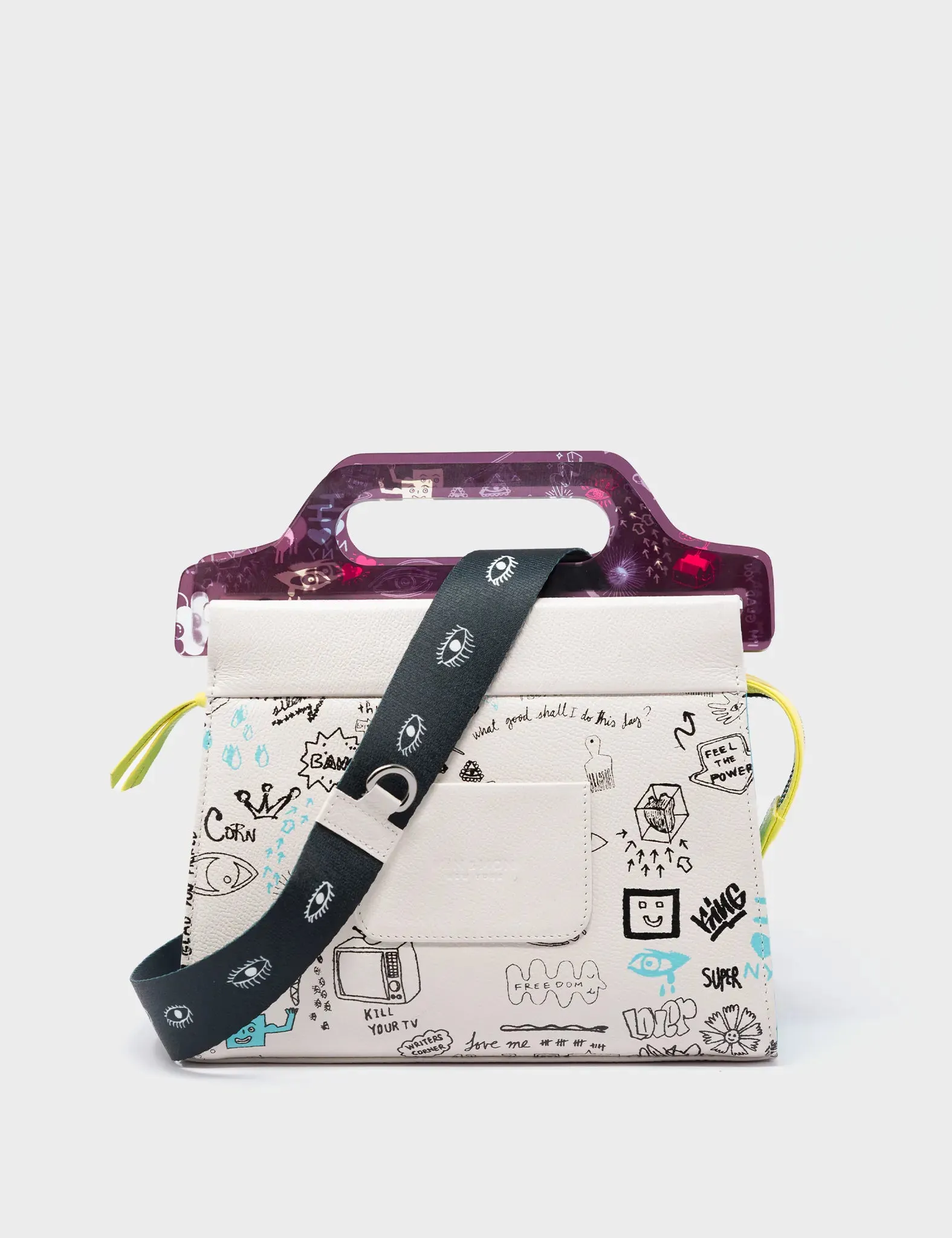 Vali Cream Leather Crossbody Handbag Plastic Handle - Urban Doodles Print