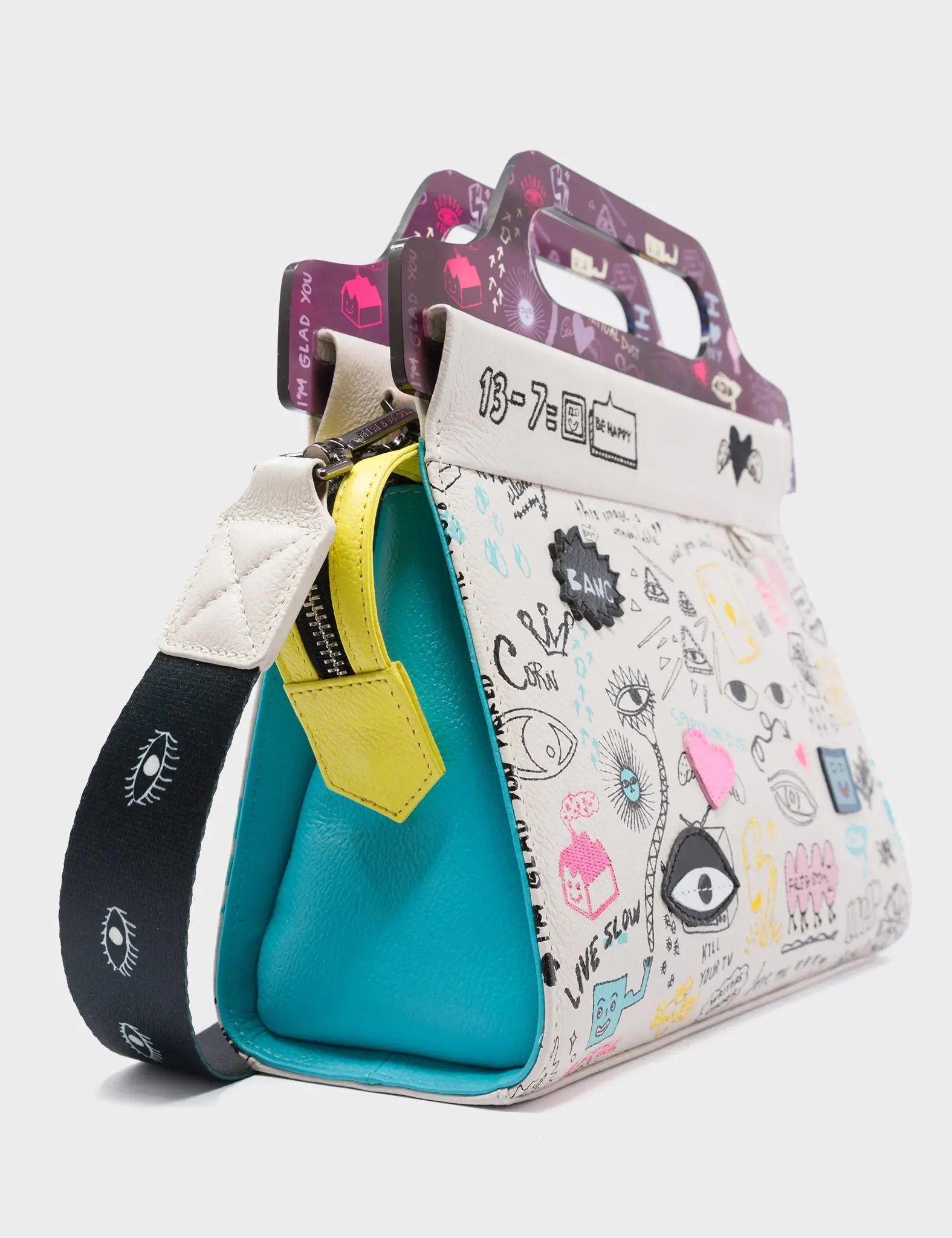 Vali Cream Leather Crossbody Handbag Plastic Handle - Urban Doodles Print