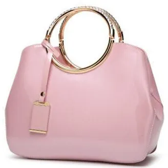 Women Shiny Glossy Faux-Leather Handbag with a Decorative Brass Buckle