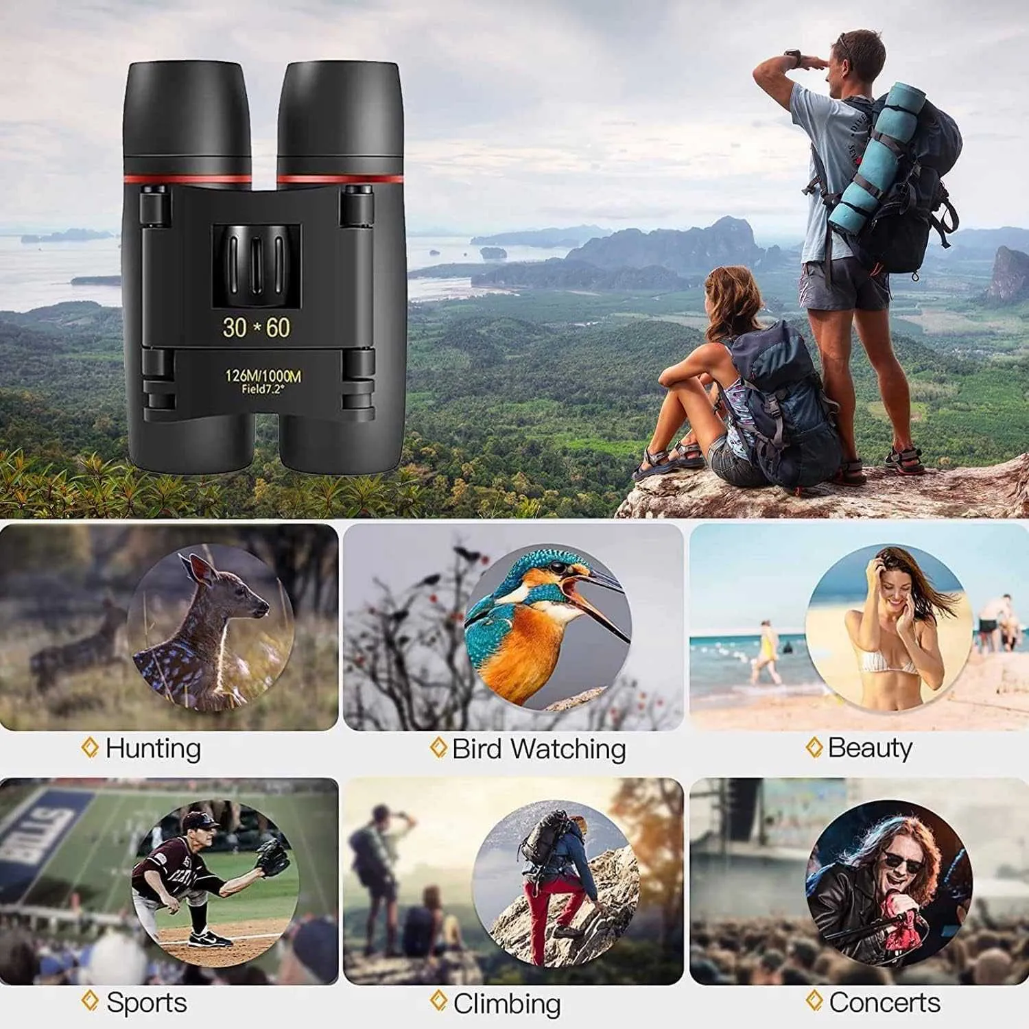 ZIYOUHU 30x60 Binoculars Small Compact Light Binoculars